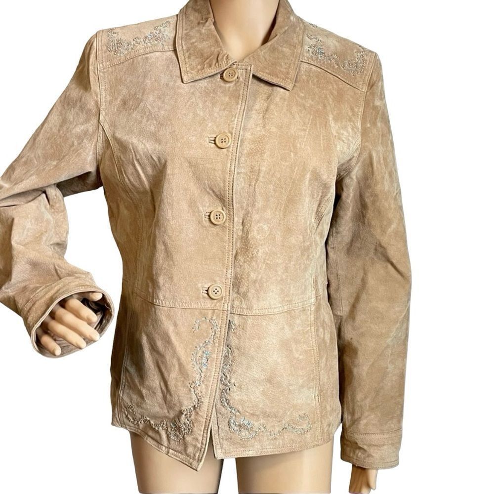 Brandon Thomas Tan Leather Jacket Cutout Turquoise Design Beaded Detail Medium